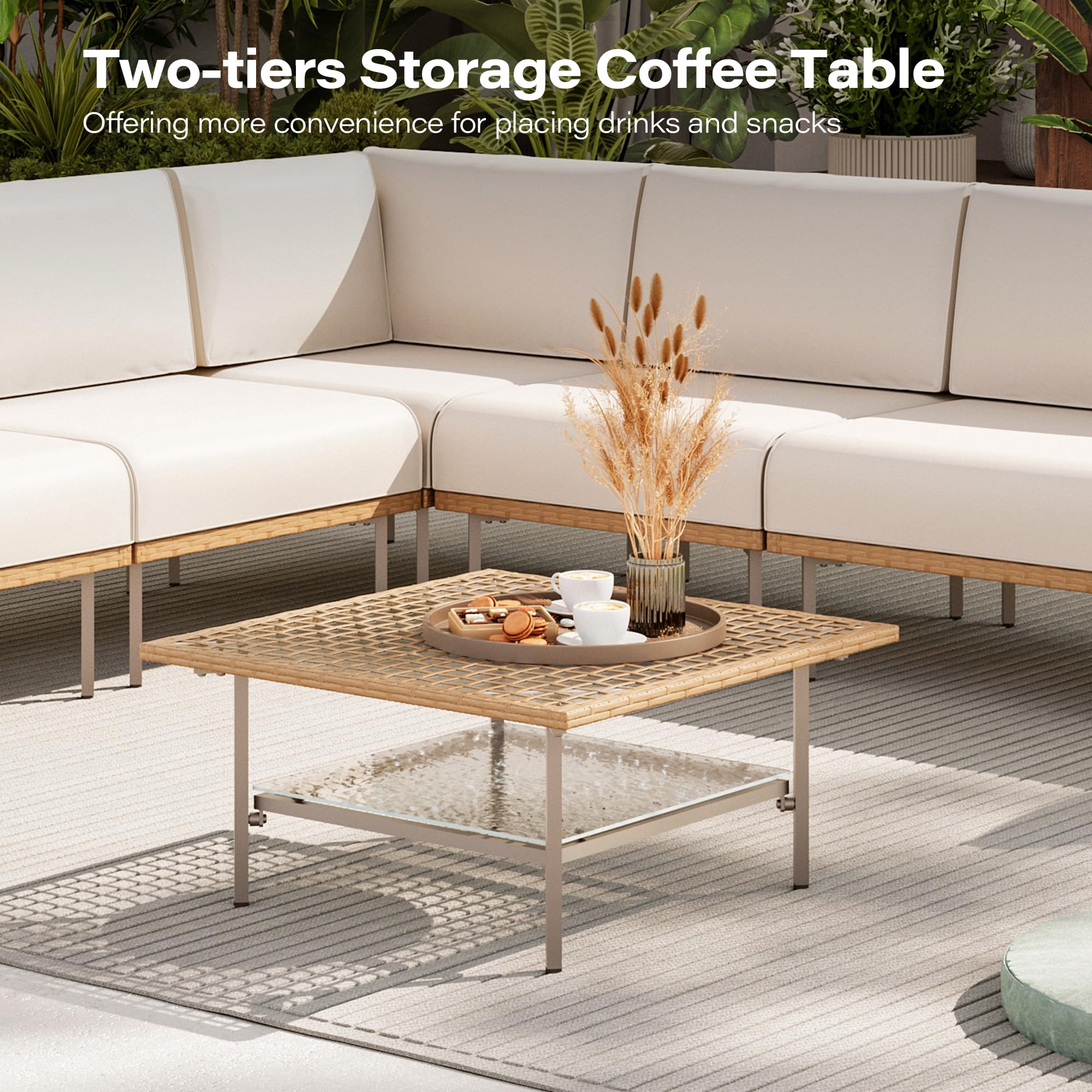 LAUSAINT HOME 7-Piece Outdoor Patio Furniture Set, Wicker Outdoor Conversation Set PE Rattan Sectional Sofa with Washable Cushions and Tempered Glass Table for Garden (Grey)