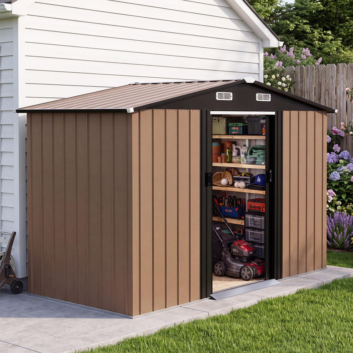 LAUSAINT HOME 8 x 6 FT Outdoor Storage Shed with Window, Galvanized Steel Storage Shed, Double Lockable Doors, Gable Roof &amp; Air Vent for Backyard, Brown