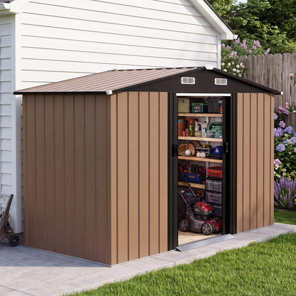 LAUSAINT HOME 8 x 6 FT Outdoor Storage Shed with Window, Galvanized Steel Storage Shed, Double Lockable Doors, Gable Roof &amp; Air Vent for Backyard, Brown