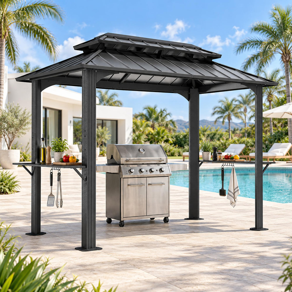 LAUSAINT HOME 5x8 FT Outdoor Grill Gazebo Canopy, BBQ Gazebo with 2-Tier Vented Top, 2 Durable Shelves &amp; Metal Frame Grill ShelterDark Gray