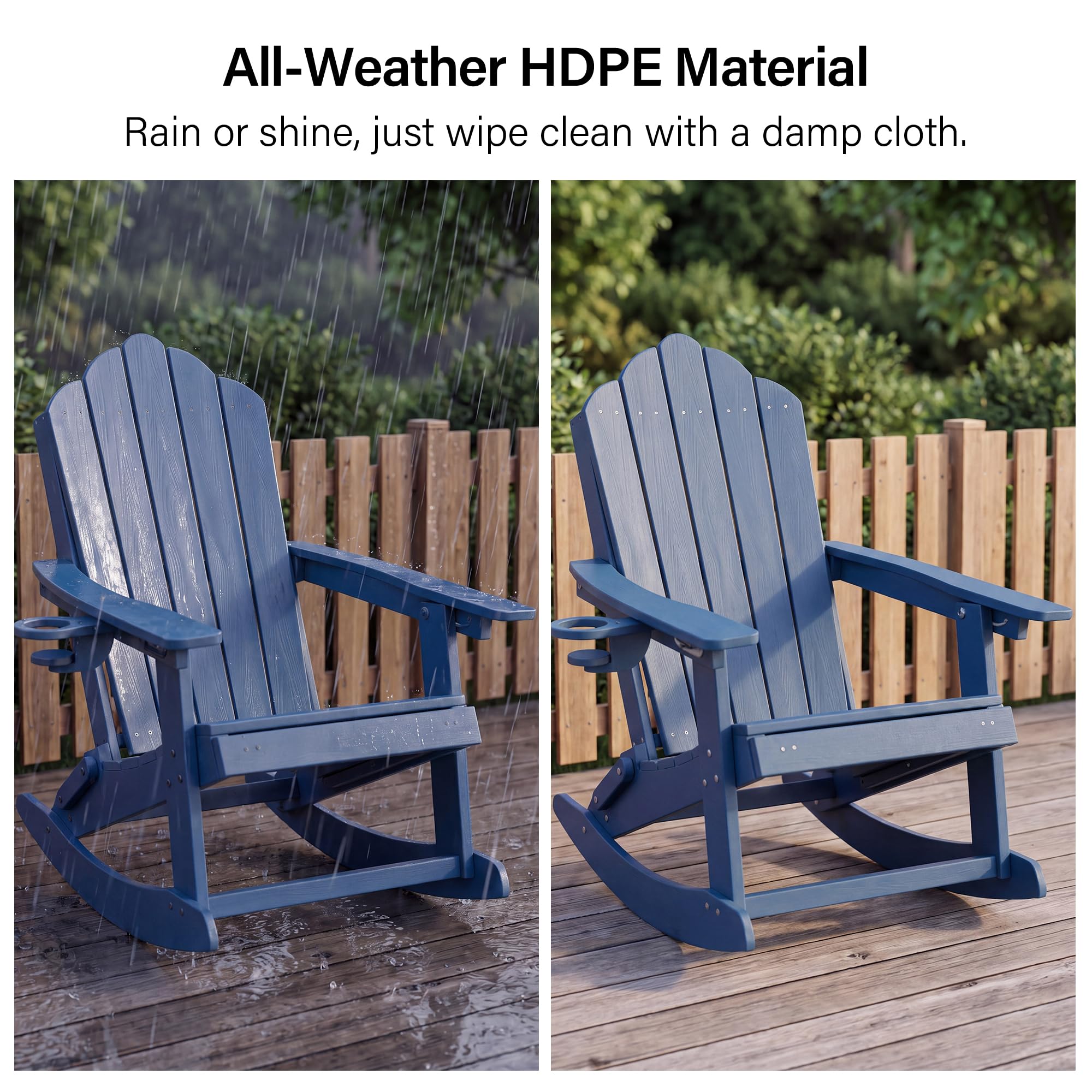 LAUSAINT HOME Folding Adirondack Rocking Chairs Set with Retractable Ottomans, 3-Position Adjustable Backrests and Cup Holders