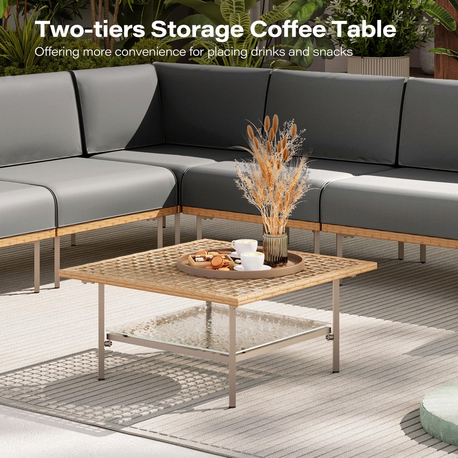 LAUSAINT HOME 7-Piece Outdoor Patio Furniture Set, Wicker Outdoor Conversation Set PE Rattan Sectional Sofa with Washable Cushions and Tempered Glass Table for Garden (Grey)