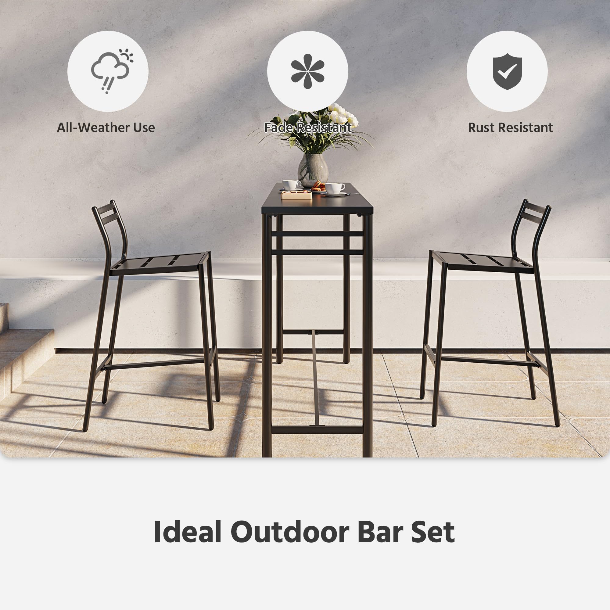 LAUSAINT HOME Outdoor Bar Height Set, 3 Pieces Patio High Top Table &amp; Bar Stools
