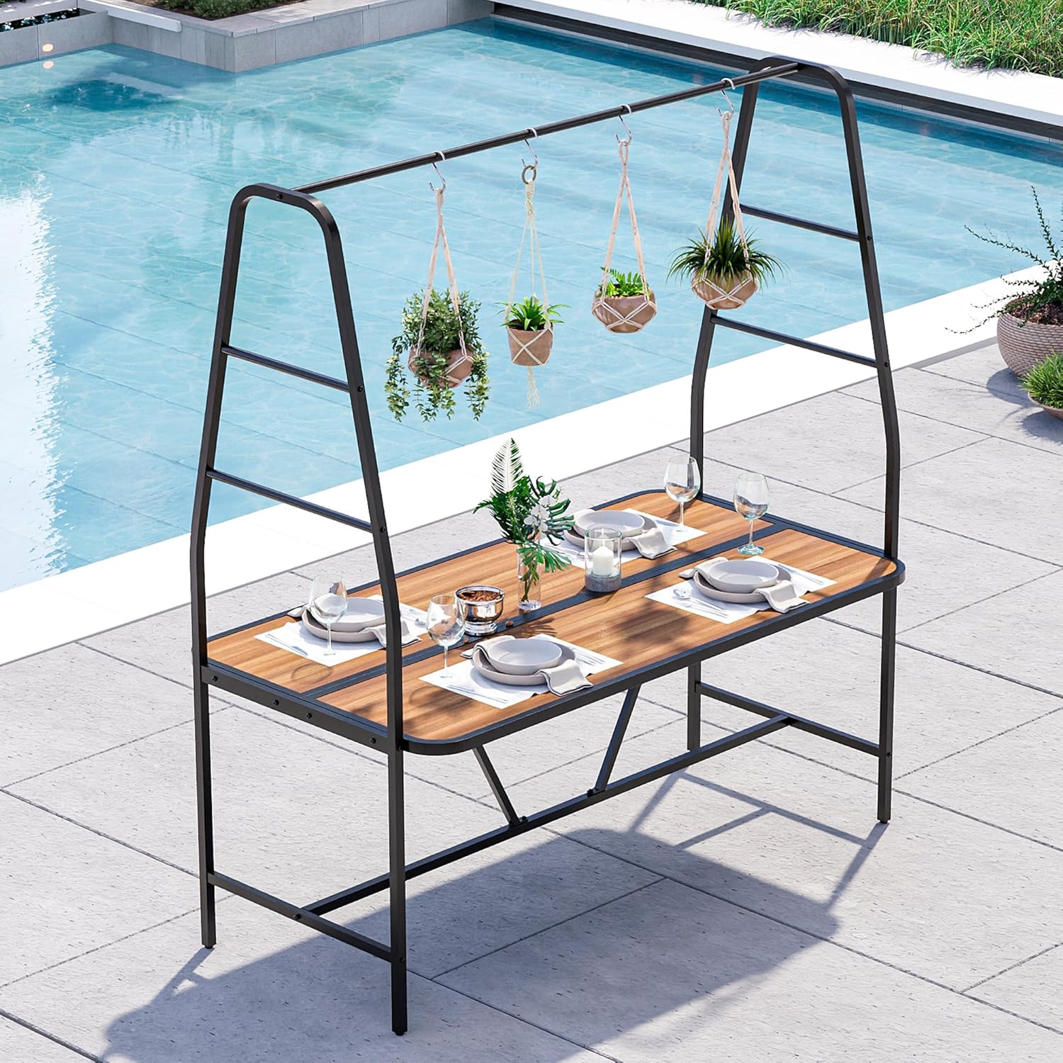 hanging plants over dining table LAUSAINT HOME A-Frame Outdoor Dining Table with 4 Hooks for Hanging Plants,  Lights, décors