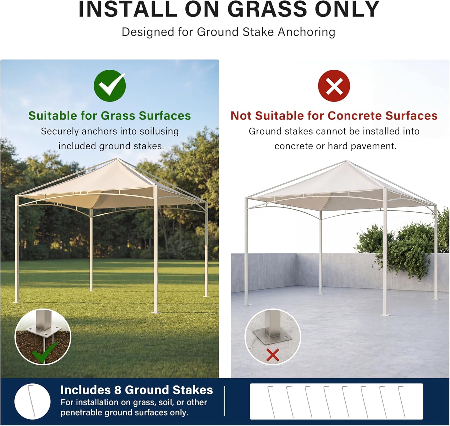 LAUSAINT HOME 10x10 Outdoor Shade Canopy Gazebo for Patio Lawn &amp; Garden, UV50+ Sun Protection Gazebo with 180G Polyester Fabric, Sturdy Powder Coated Metal Frame, Includes 8 Ground Stakes, Beige