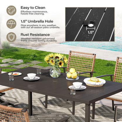 LAUSAINT HOME 7 Pieces Patio Dining Set, Outdoor Furniture Set of 6 Wicker Chairs (2 of Them Swivel) with Soft Cushion and Iron Slats Table Top with Umbrella Hole, Conversation Set for Backyard