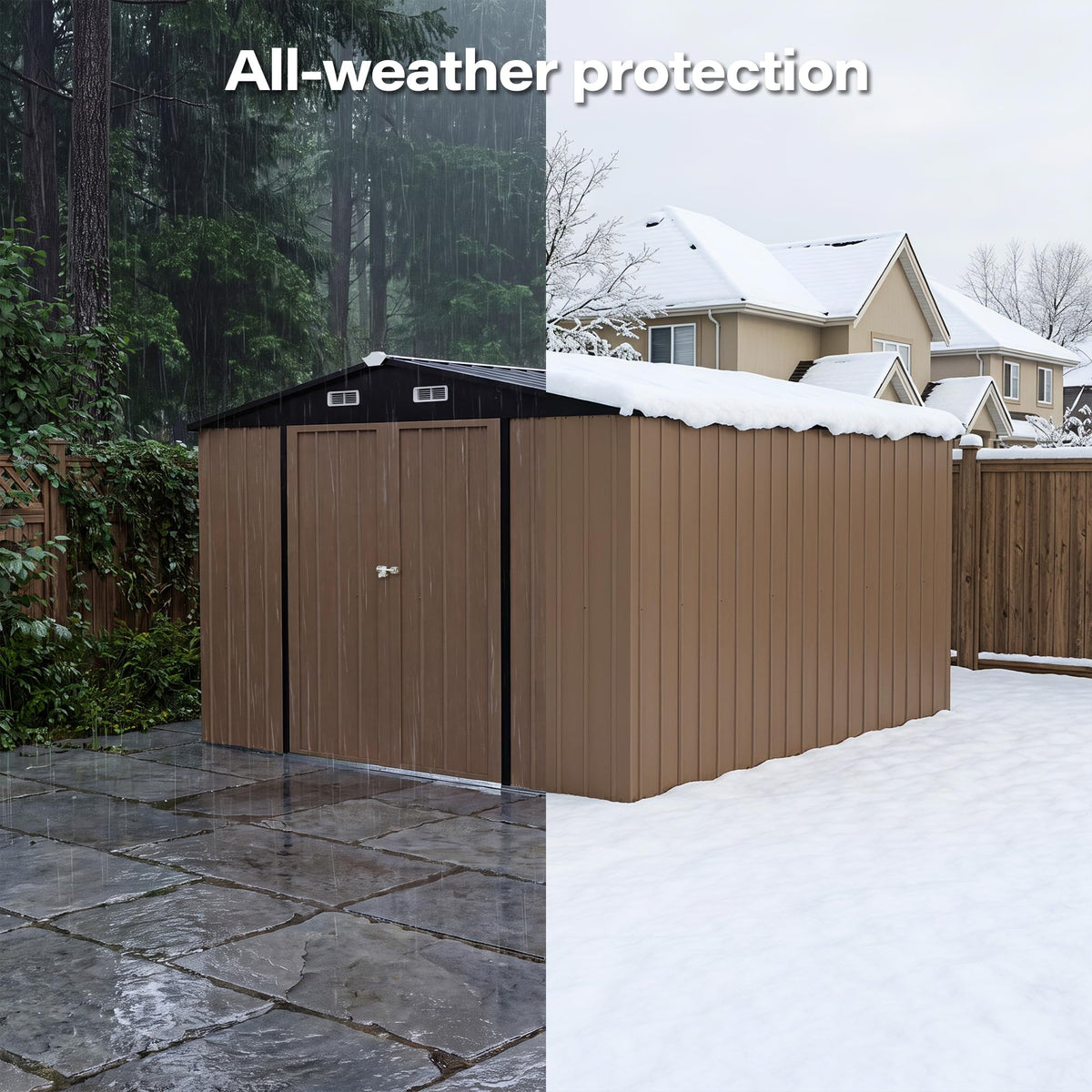 LAUSAINT HOME 8 x 6 FT Outdoor Storage Shed with Window, Galvanized Steel Storage Shed, Double Lockable Doors, Gable Roof &amp; Air Vent for Backyard, Brown