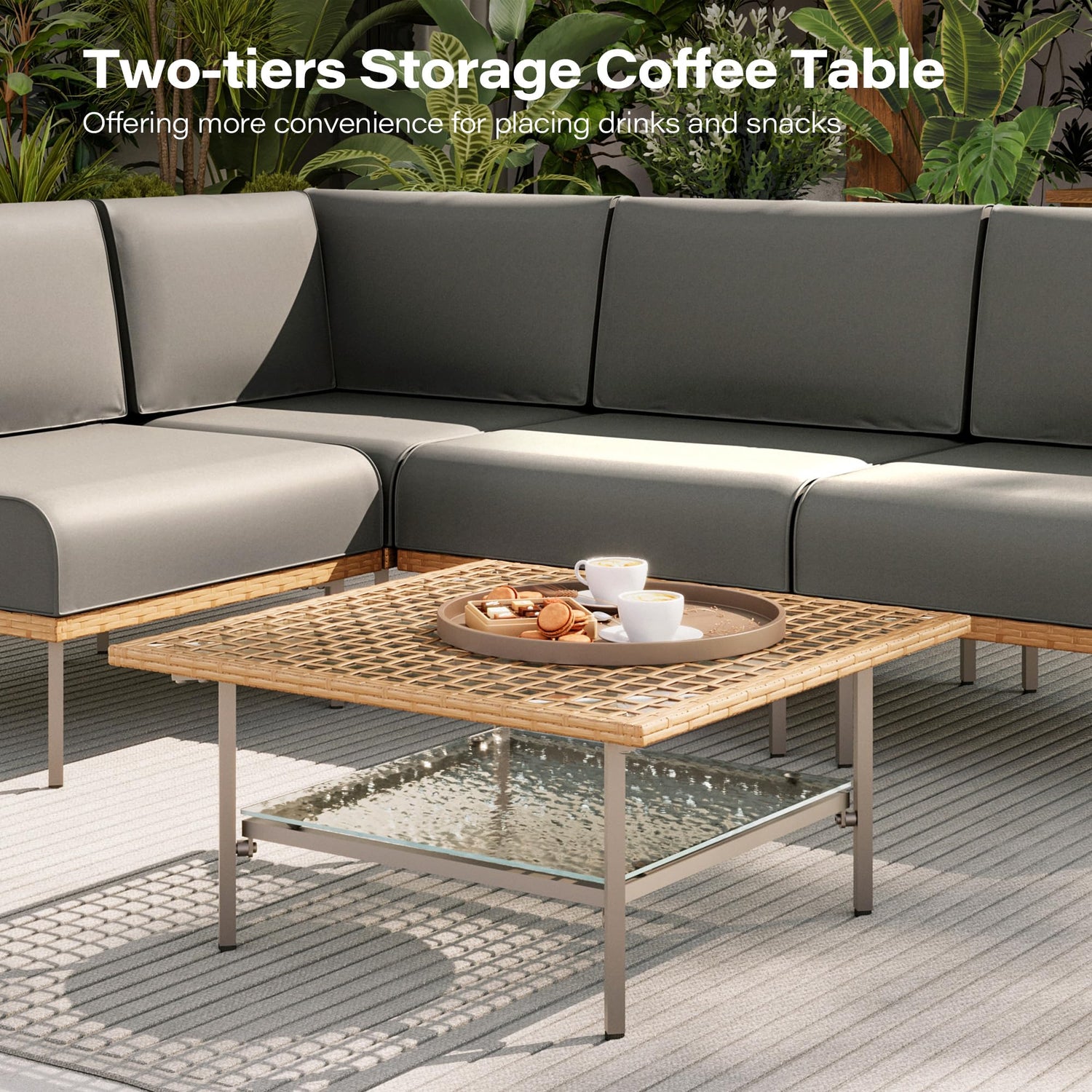 LAUSAINT HOME 7-Piece Outdoor Patio Furniture Set, Wicker Outdoor Conversation Set PE Rattan Sectional Sofa with Washable Cushions and Tempered Glass Table for Garden (Grey)