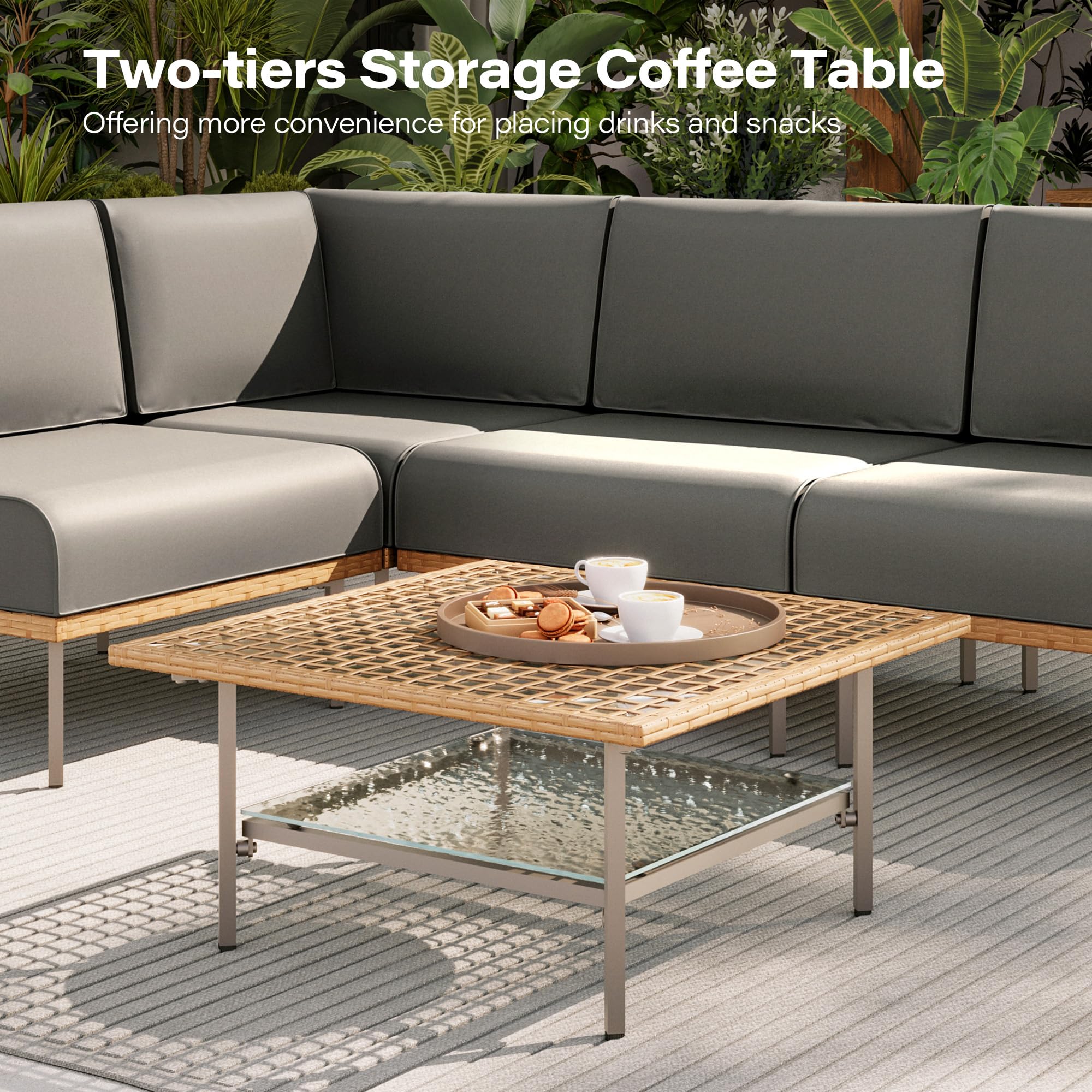 LAUSAINT HOME 7-Piece Outdoor Patio Furniture Set, Wicker Outdoor Conversation Set PE Rattan Sectional Sofa with Washable Cushions and Tempered Glass Table for Garden (Grey)