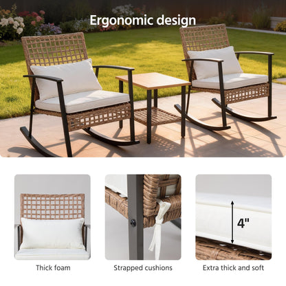 LAUSAINT HOME 3 Pieces Rocking Patio Bistro Set, Wicker Outdoor Conversation Set