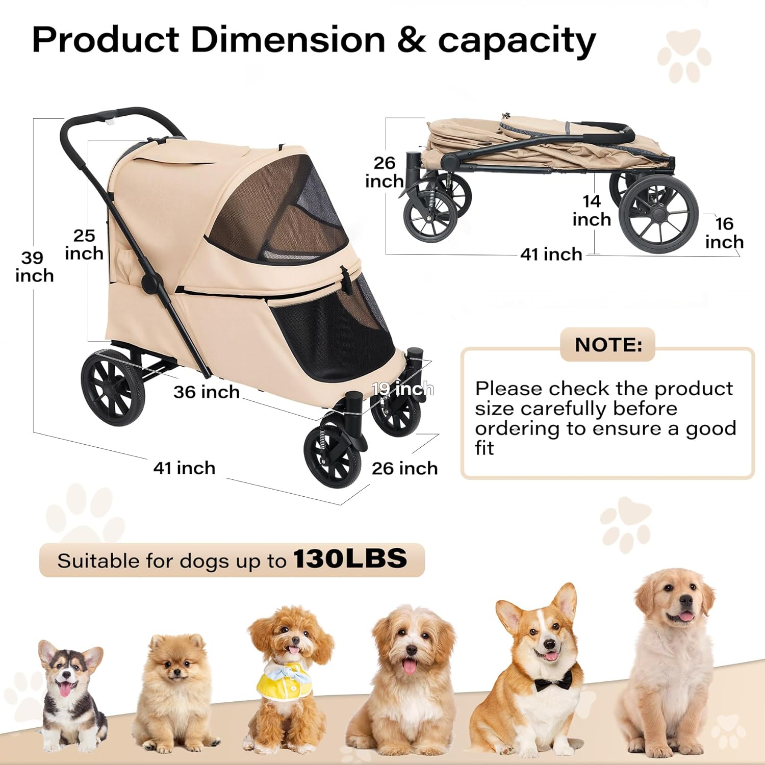 LAUSAINT HOME Pet Stroller, 4-Wheel Foldable Dog Cat Stroller for Medium/Large Pets