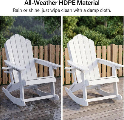 LAUSAINT HOME Folding Adirondack Rocking Chairs Set with Retractable Ottomans, 3-Position Adjustable Backrests and Cup Holders