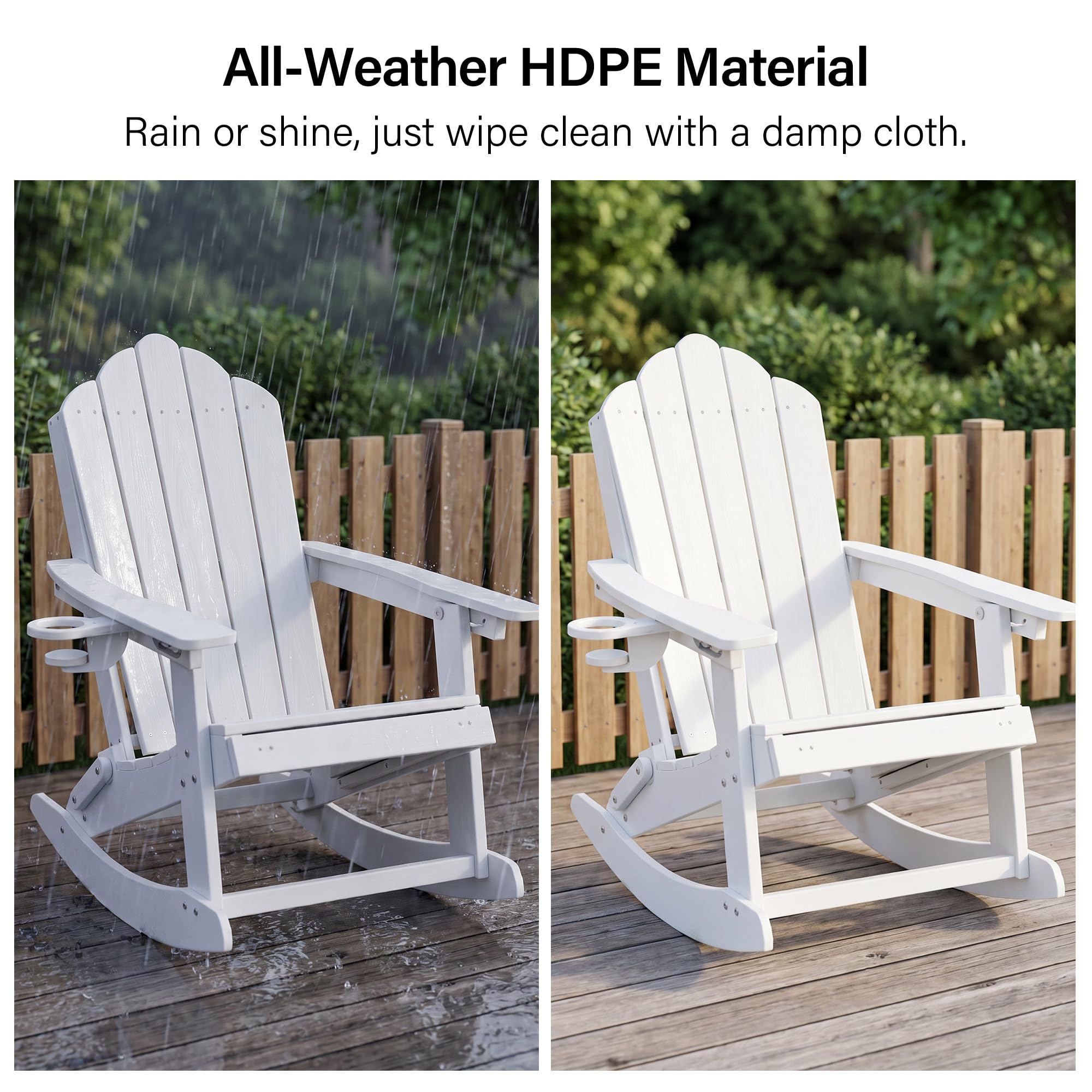 LAUSAINT HOME Folding Adirondack Rocking Chairs Set with Retractable Ottomans, 3-Position Adjustable Backrests and Cup Holders