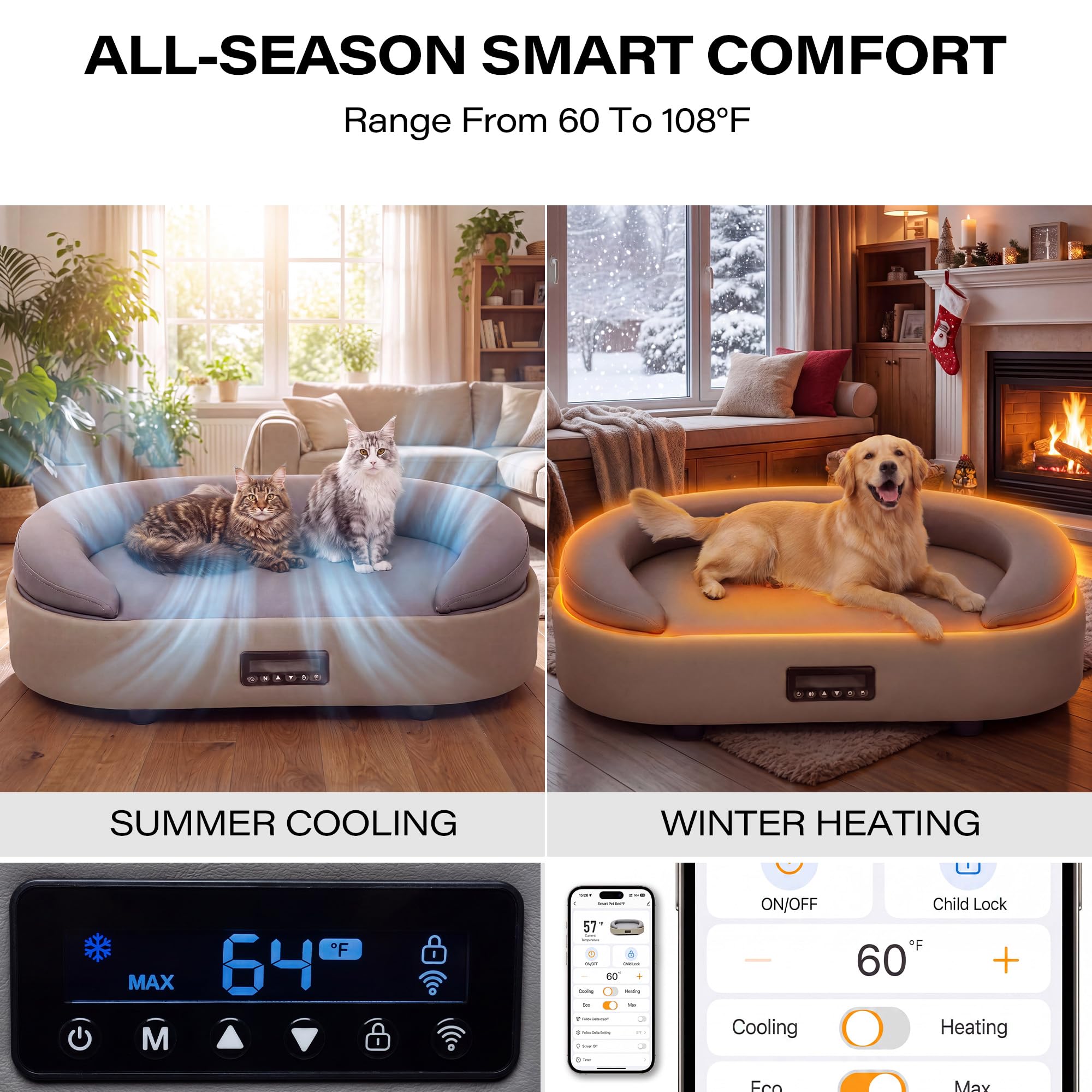 LAUSAINT HOME Heated &amp; Cooling Cat Bed with App Control, Temperature Control Dog Bed with Wear Resistant PU Leather