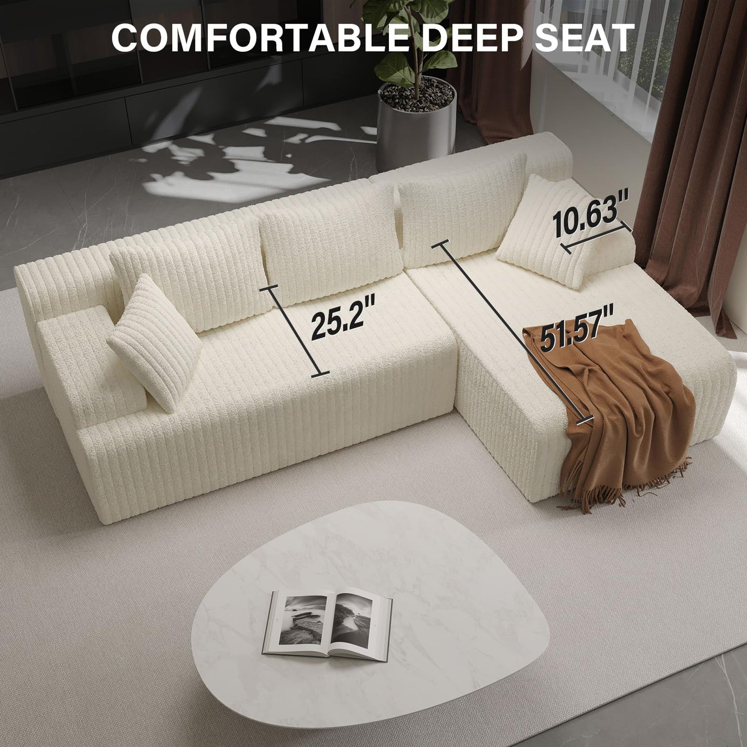 LAUSAINT HOME 96" Modular Sectional Sofa Couches, L-Shaped Boneless Cloud Sofa with 3 Deep Seat