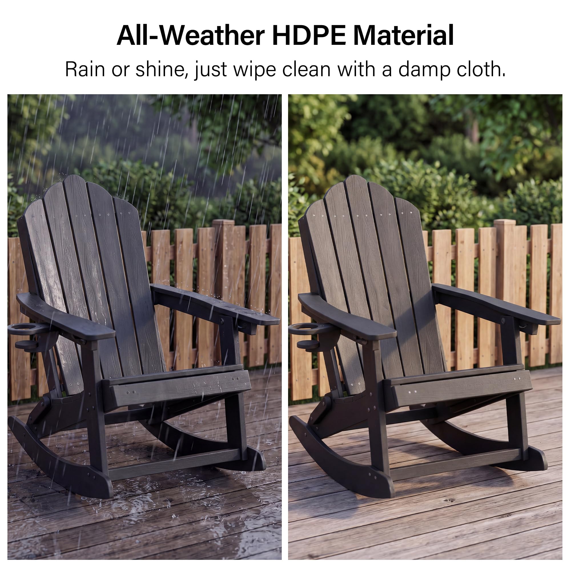 LAUSAINT HOME Folding Adirondack Rocking Chairs Set with Retractable Ottomans, 3-Position Adjustable Backrests and Cup Holders