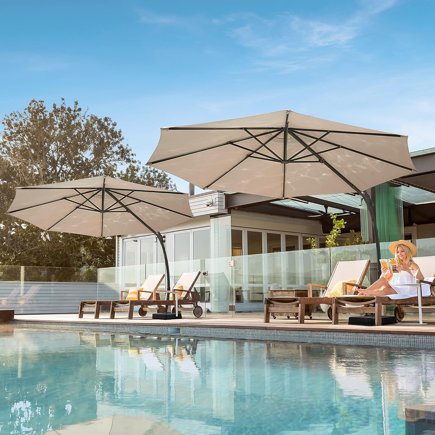 LAUSAINT HOME Outdoor Patio Umbrella with Base Included, Large Sun Shade Cantilever Umbrella Deluxe Curvy