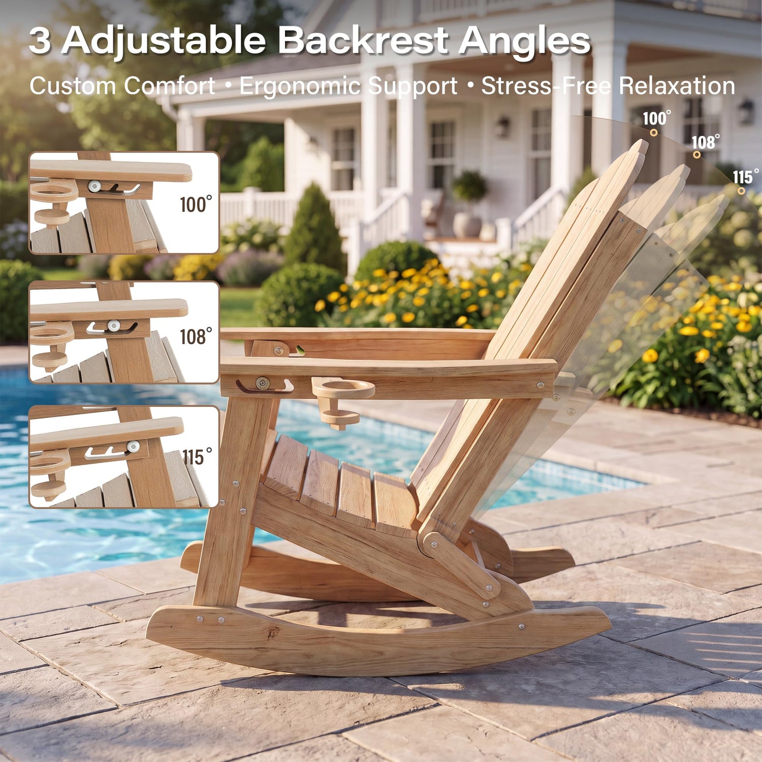 LAUSAINT HOME Folding Adirondack Rocking Chairs Set with Retractable Ottomans, 3-Position Adjustable Backrests and Cup Holders