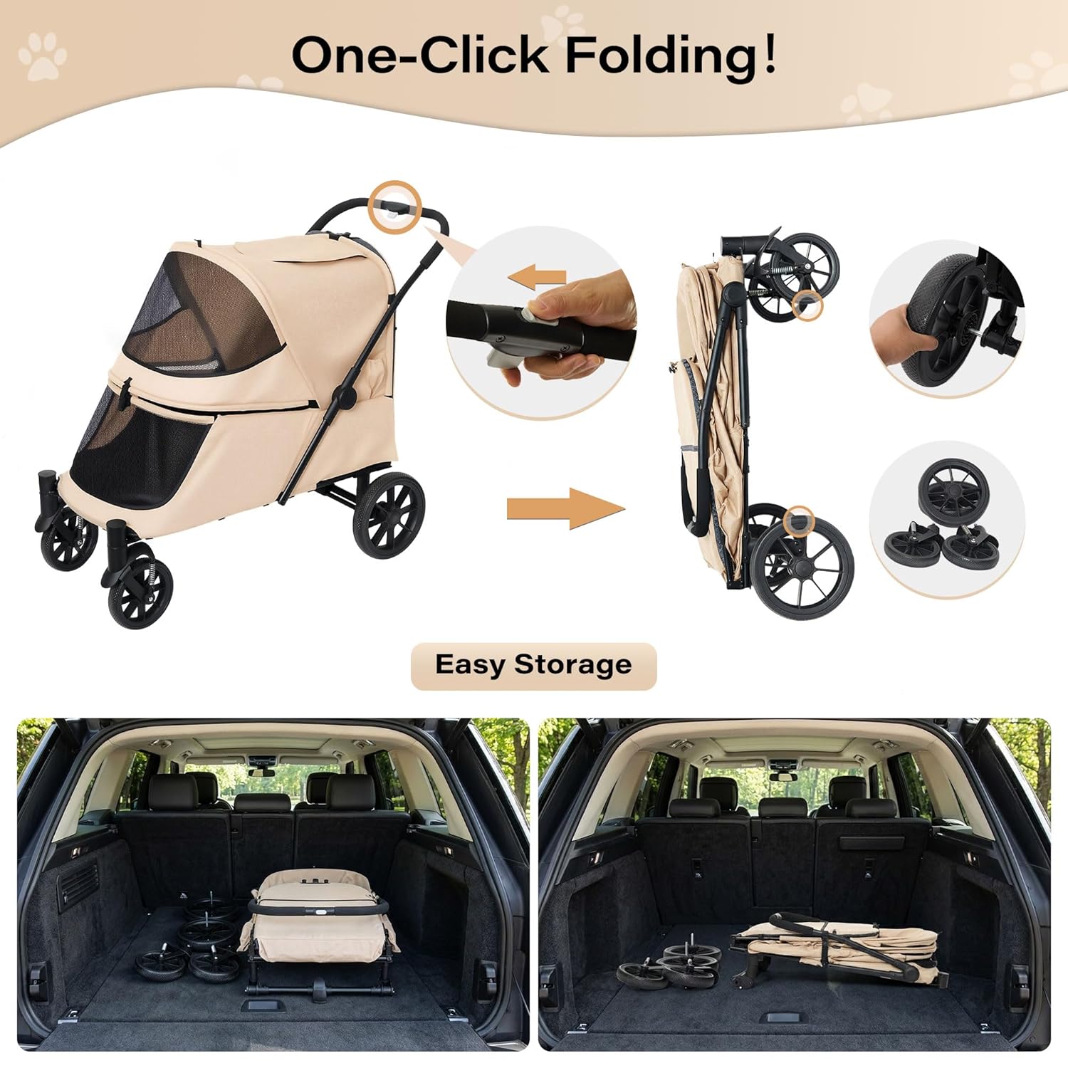 LAUSAINT HOME Pet Stroller, 4-Wheel Foldable Dog Cat Stroller for Medium/Large Pets