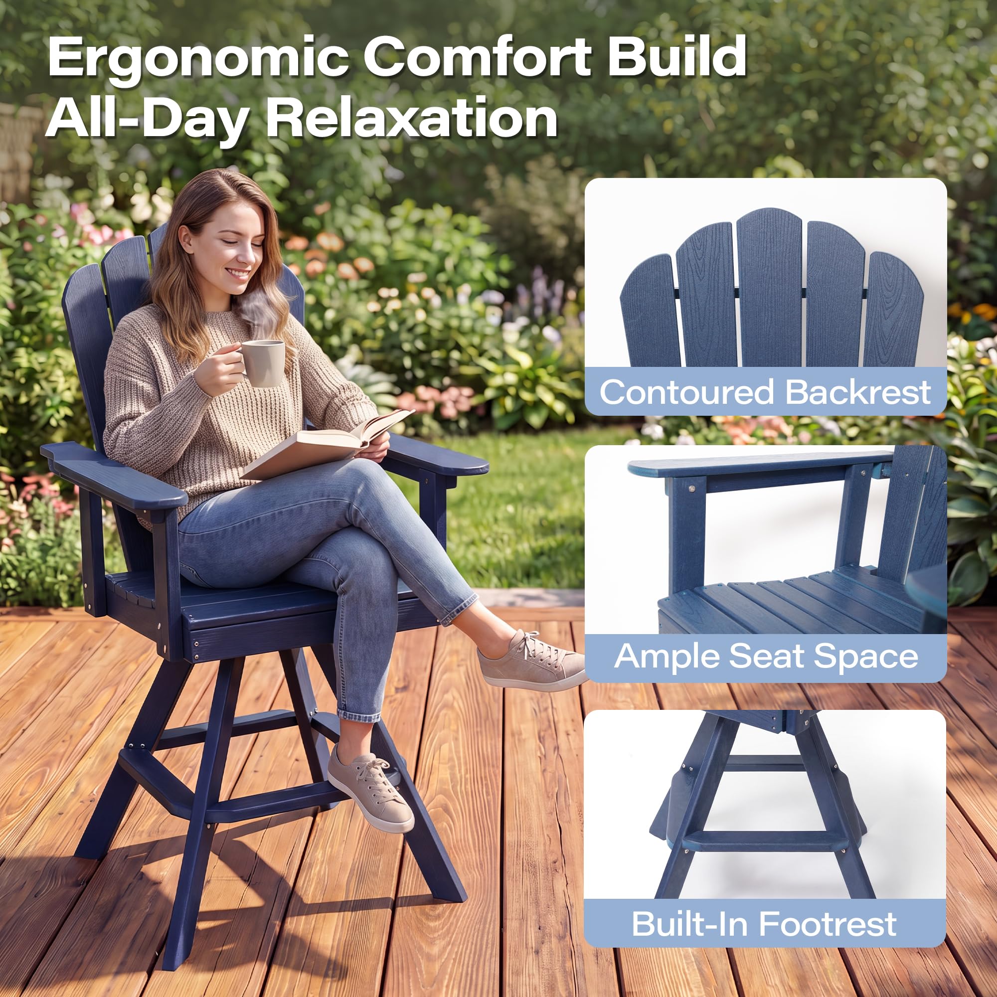 LAUSAINT HOME Swivel Adirondack Bar Chair, Weatherproof Patio HDPE Chairs, Outdoor Bar Height Outdoor Balcony Furniture Set, 360° Rotating Bistro Stools for Garden, Lawn, Poolside, Navy Blue