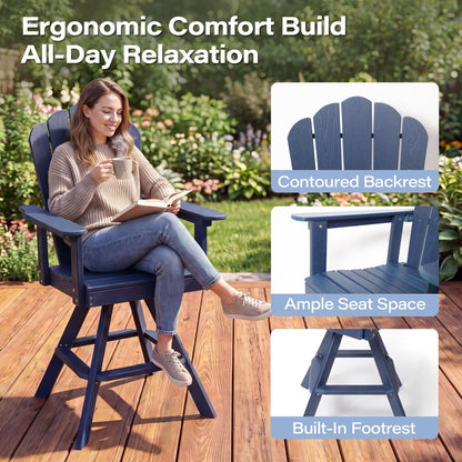 LAUSAINT HOME Swivel Adirondack Bar Chair, Weatherproof Patio HDPE Chairs, Outdoor Bar Height Outdoor Balcony Furniture Set, 360° Rotating Bistro Stools for Garden, Lawn, Poolside, Navy Blue