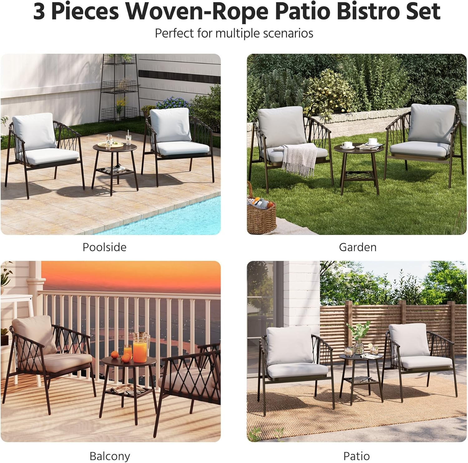LAUSAINT HOME 3 Pieces Patio Bistro Set, Woven Rope Chairs with Cushions