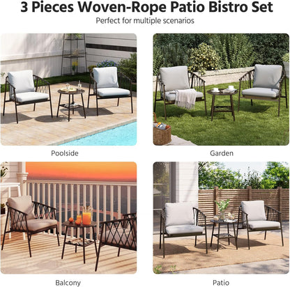 LAUSAINT HOME 3 Pieces Patio Bistro Set, Woven Rope Chairs with Cushions
