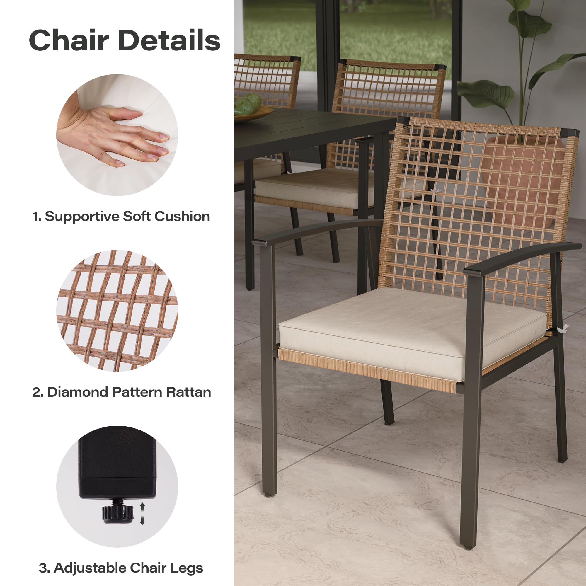 LAUSAINT HOME 7 Pieces Patio Dining Set, Outdoor Furniture Set of 6 Wicker Chairs (2 of Them Swivel) with Soft Cushion and Iron Slats Table Top with Umbrella Hole, Conversation Set for Backyard