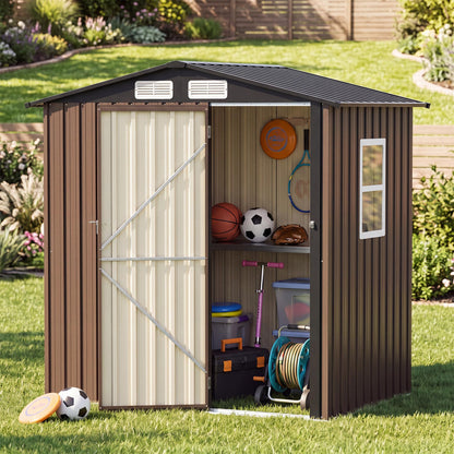 LAUSAINT HOME 8 x 6 FT Outdoor Storage Shed with Window, Galvanized Steel Storage Shed, Double Lockable Doors, Gable Roof &amp; Air Vent for Backyard, Brown