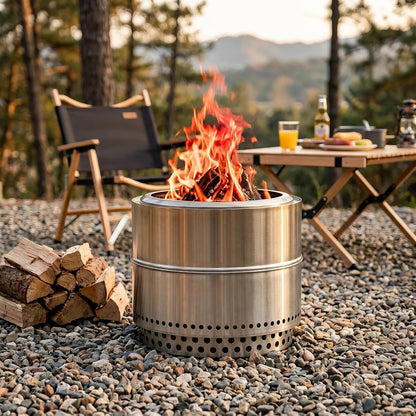 Lausaint Home 20 Inch Smokeless Fire Pit, Outdoor Wood Burning Firepit with Grill Grate &amp; Stand