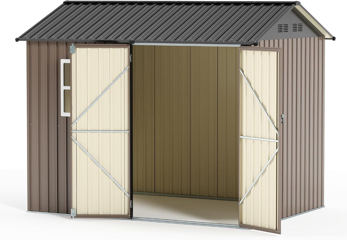 LAUSAINT HOME 8 x 6 FT Outdoor Storage Shed with Window, Galvanized Steel Storage Shed, Double Lockable Doors, Gable Roof &amp; Air Vent for Backyard, Brown