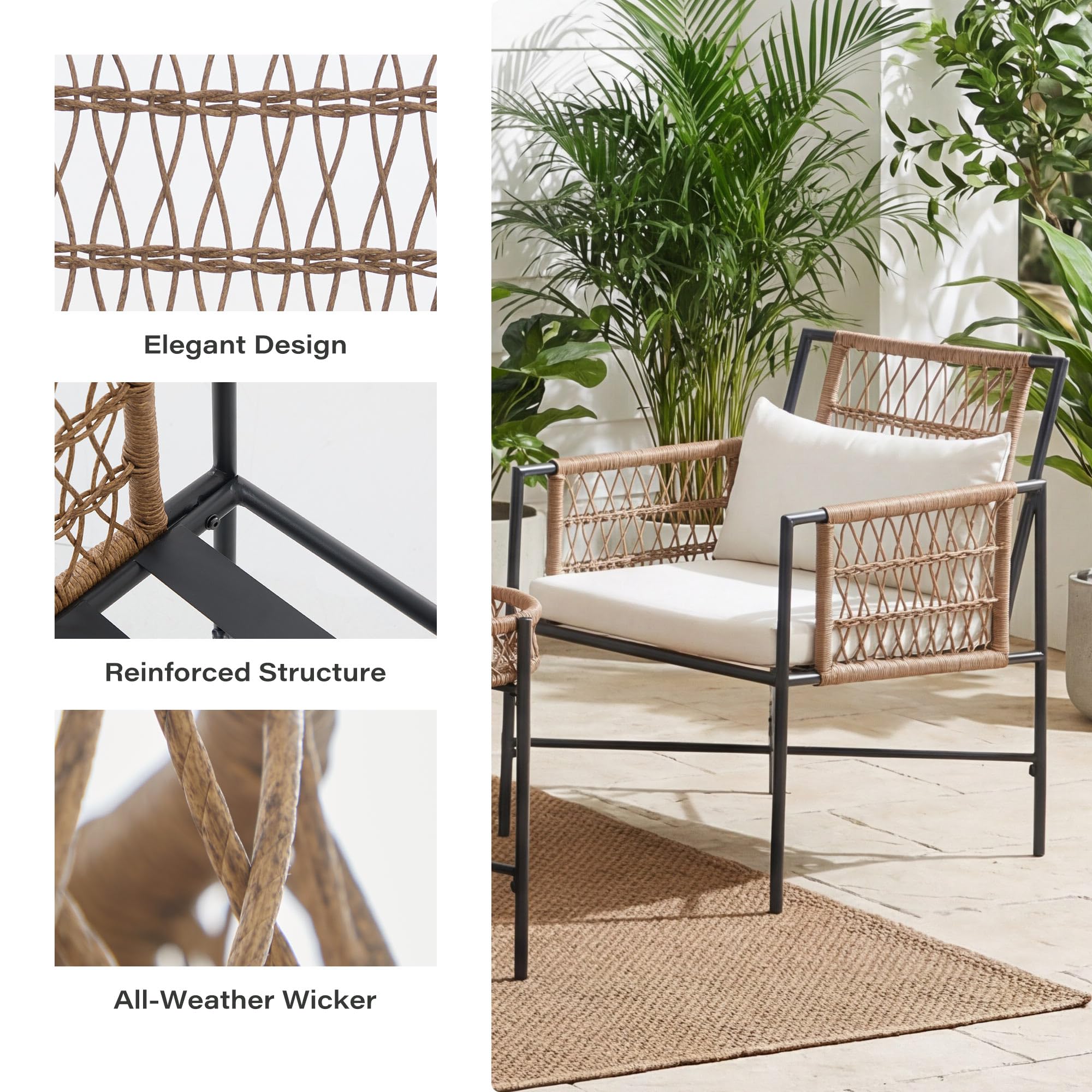 LAUSAINT HOME 5 Piece Patio Furniture Set, Outdoor Wicker Conversation Set with 2 PE Rattan Armchairs