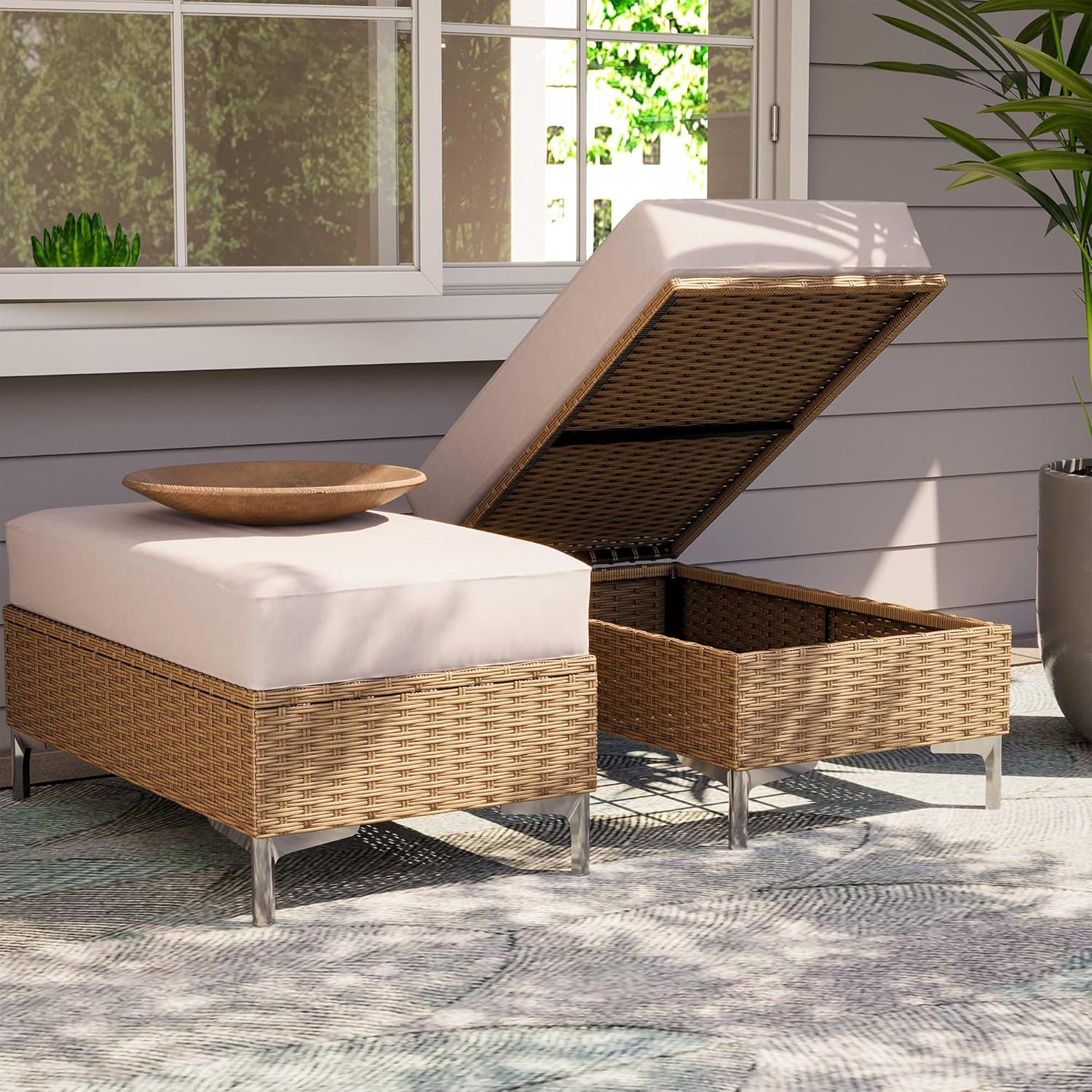 LAUSAINT HOME 2 Pieces Outdoor Patio Ottoman Set with Large 5-Inch Beige Cushions