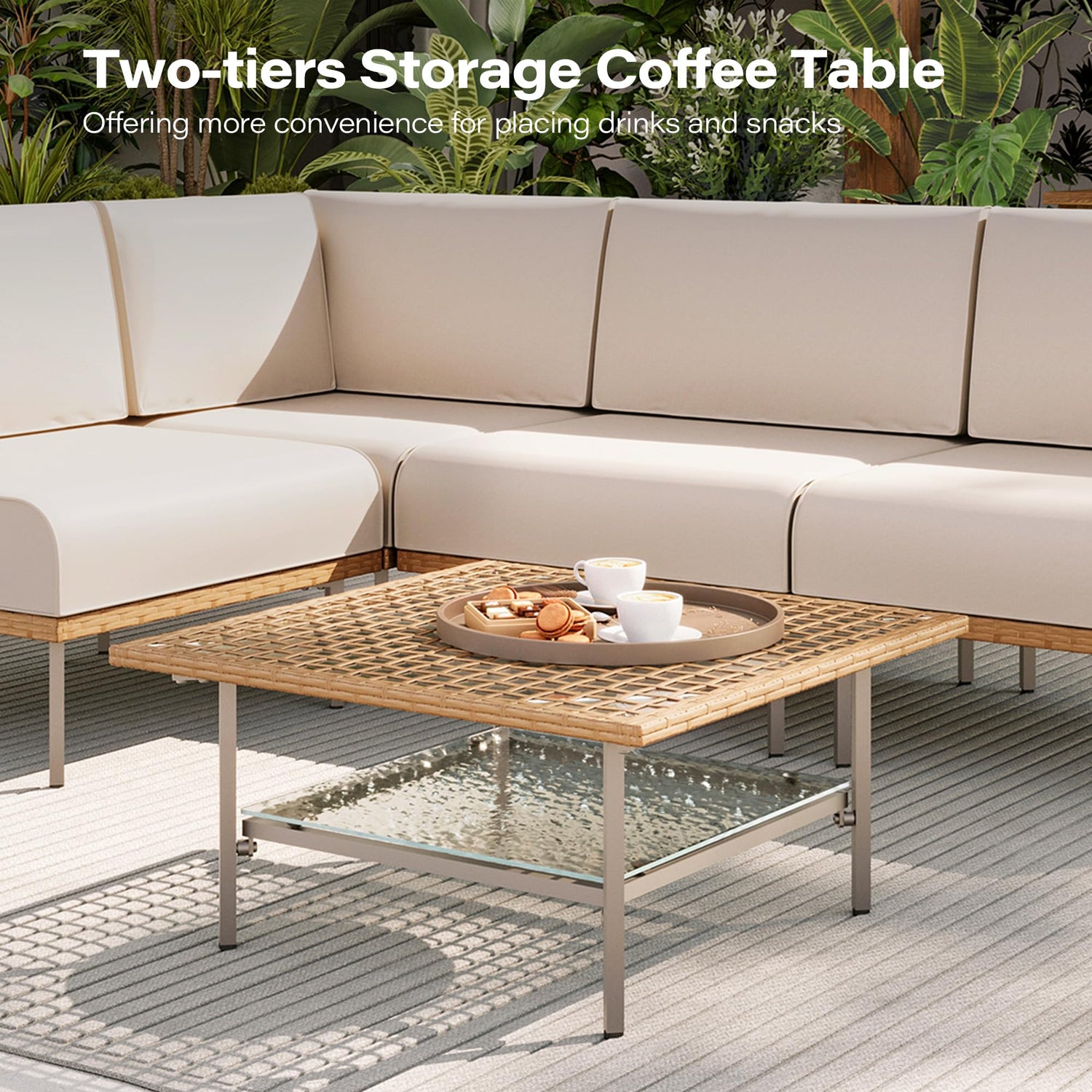 LAUSAINT HOME 7-Piece Outdoor Patio Furniture Set, Wicker Outdoor Conversation Set PE Rattan Sectional Sofa with Washable Cushions and Tempered Glass Table for Garden (Grey)