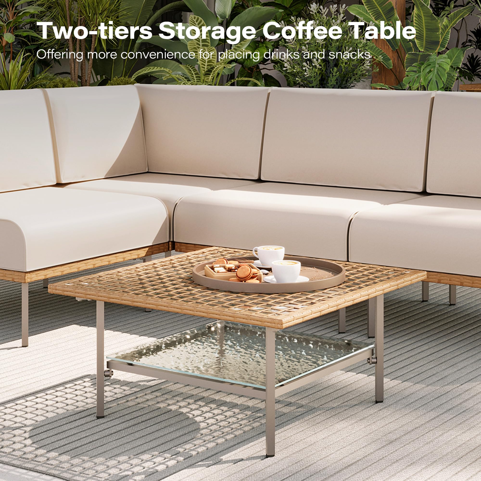 LAUSAINT HOME 7-Piece Outdoor Patio Furniture Set, Wicker Outdoor Conversation Set PE Rattan Sectional Sofa with Washable Cushions and Tempered Glass Table for Garden (Grey)