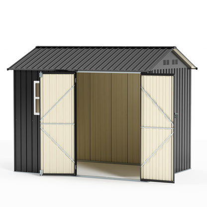 LAUSAINT HOME 10 x 3 FT 2-in-1 Metal Outdoor Storage Shed with Hardtop Gazebo, Lockable Galvanized Steel Lean-to Tool Shed with Sloped Roof, Black