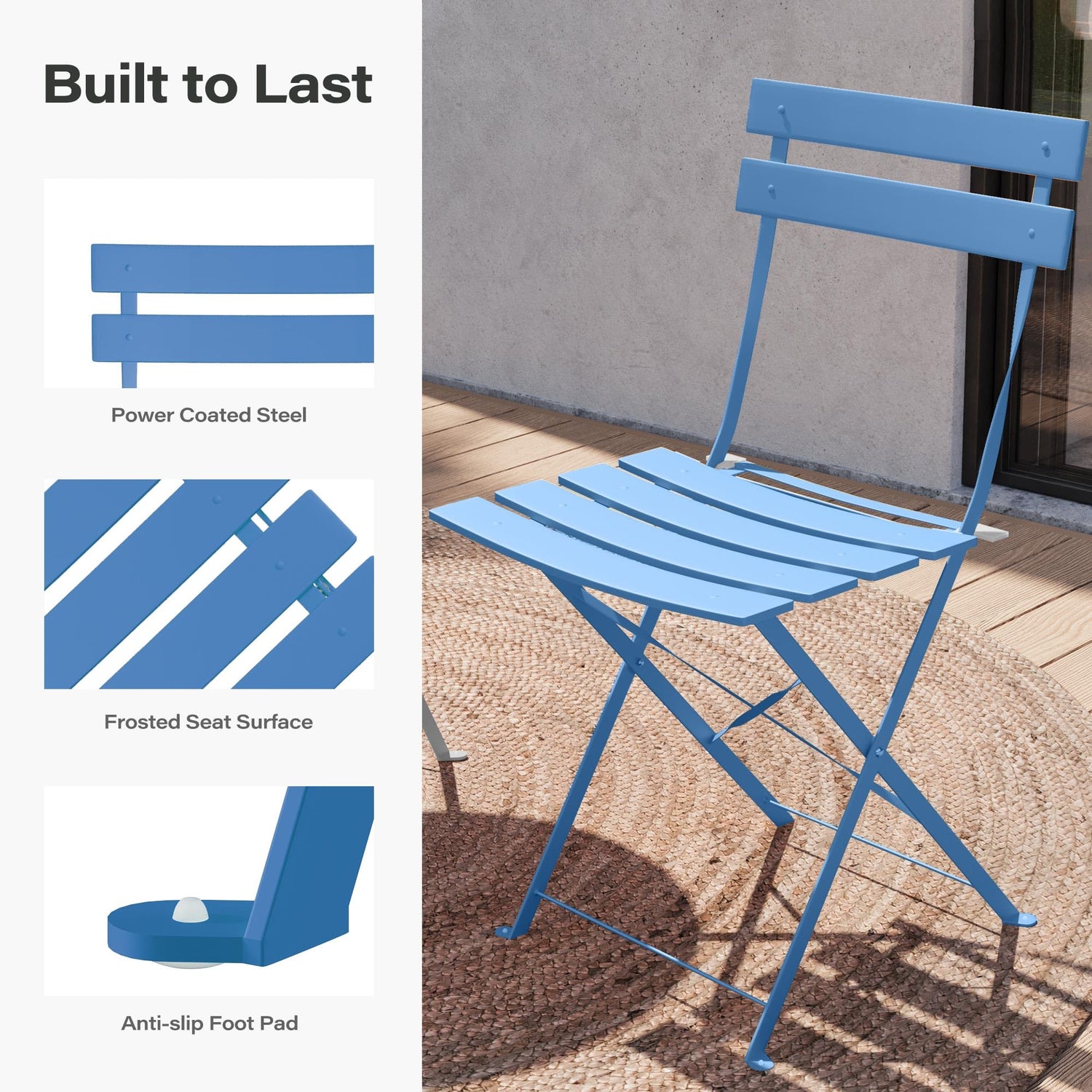 LAUSAINT HOME 3-Piece Steel Folding Bistro Set, Premium Weather-Resistant Patio Table &amp; Chairs