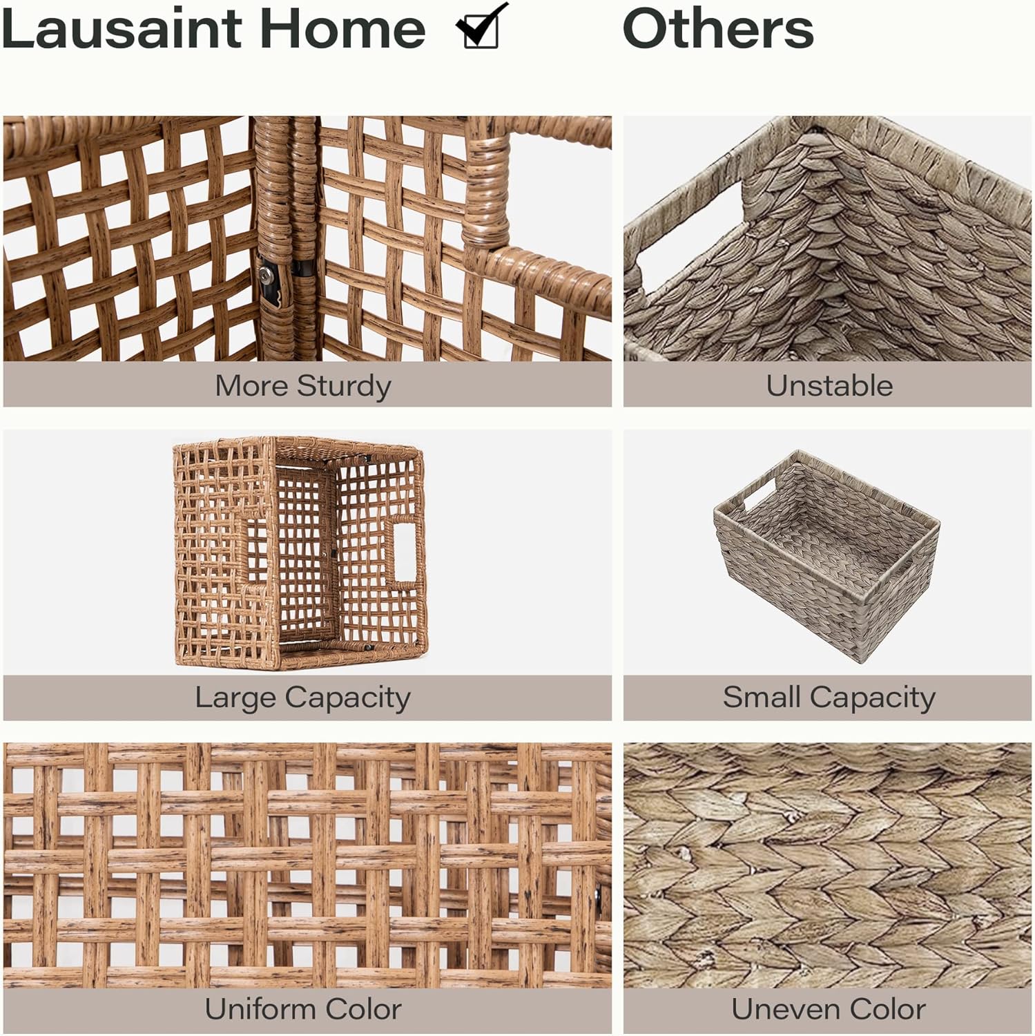 LAUSAINT HOME Rectangle Wicker Basket with Handles for Storage, Large Natural Baskets for Organizing, Woven Basket for Shelves in Living room, Kitchen, Bathroom (2 pack)