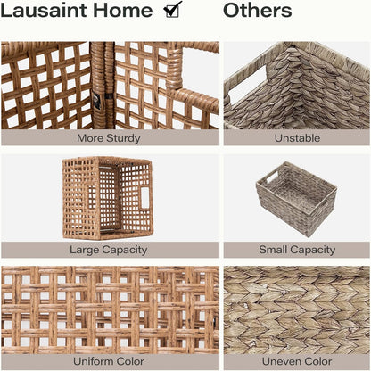 LAUSAINT HOME Rectangle Wicker Basket with Handles for Storage, Large Natural Baskets for Organizing, Woven Basket for Shelves in Living room, Kitchen, Bathroom (2 pack)