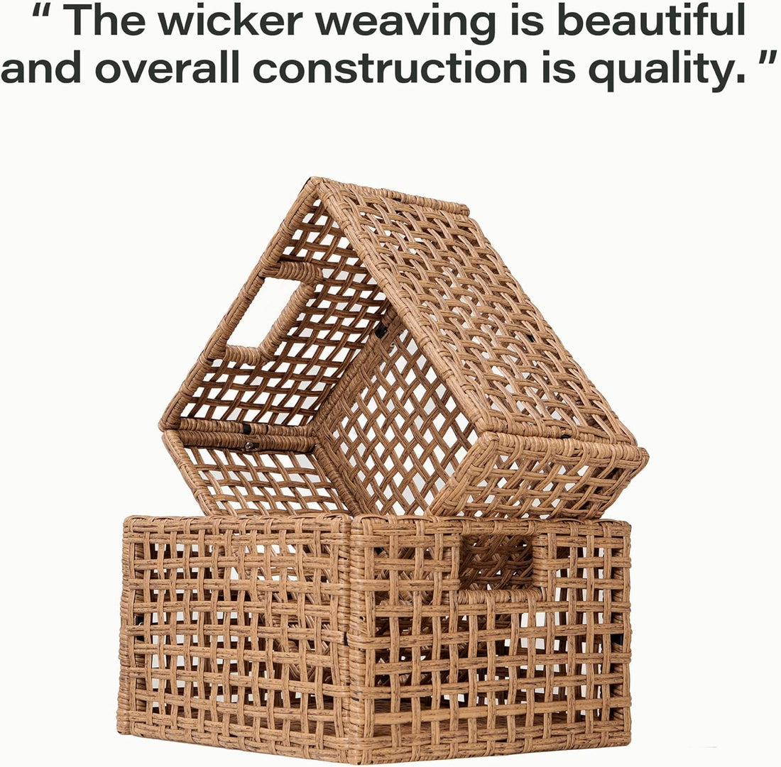 LAUSAINT HOME Rectangle Wicker Basket with Handles for Storage, Large Natural Baskets for Organizing, Woven Basket for Shelves in Living room, Kitchen, Bathroom (2 pack)