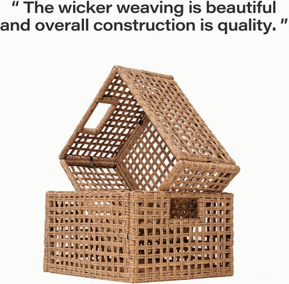 LAUSAINT HOME Rectangle Wicker Basket with Handles for Storage, Large Natural Baskets for Organizing, Woven Basket for Shelves in Living room, Kitchen, Bathroom (2 pack)