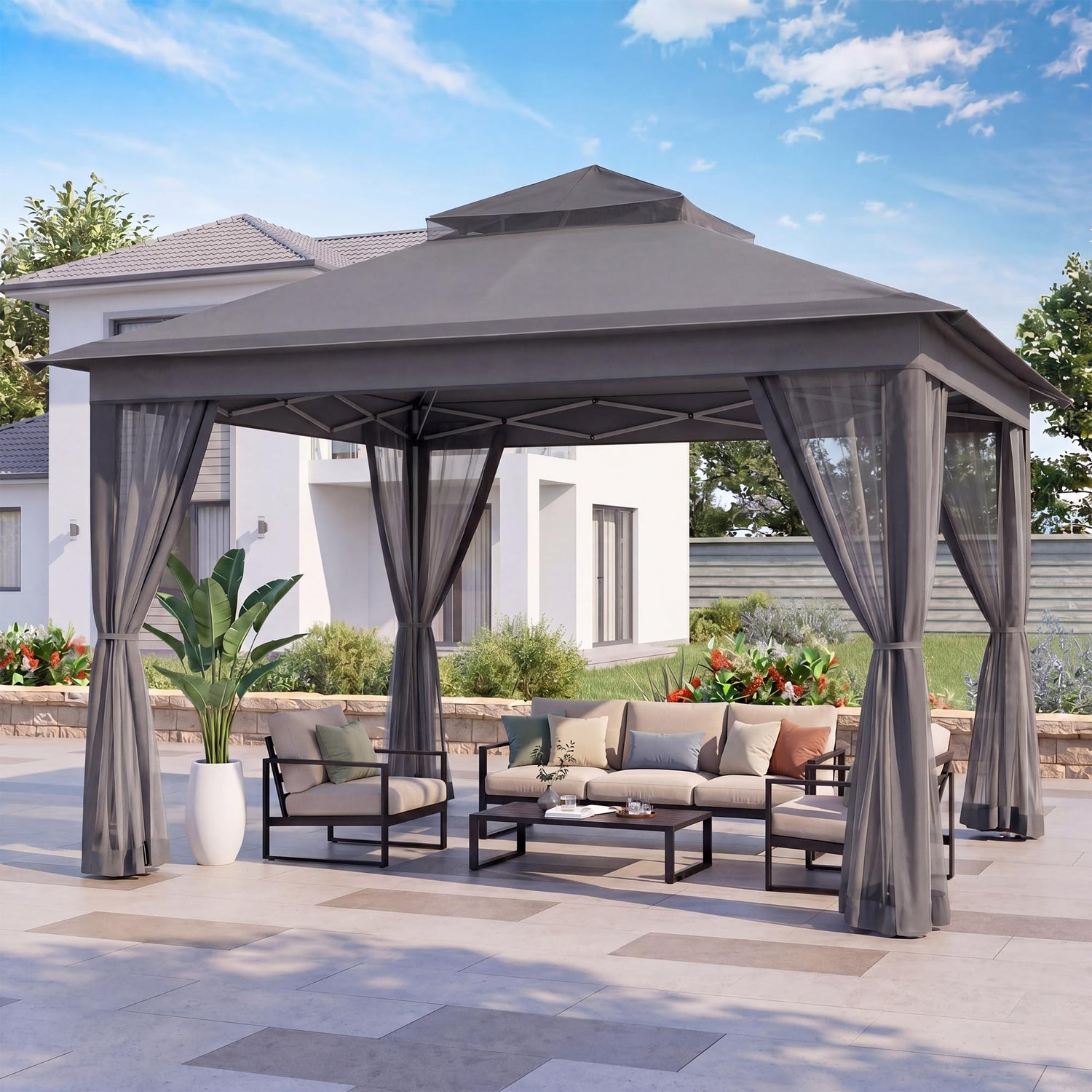 LAUSAINT HOME 11x11 Pop Up Gazebo with Mosquito Netting, Portable Outdoor Gazebo Canopy Tent with Sidewalls, One Push Instant Setup &amp; Adjustable Height for Patio Backyard Party BBQ Deck, Grey