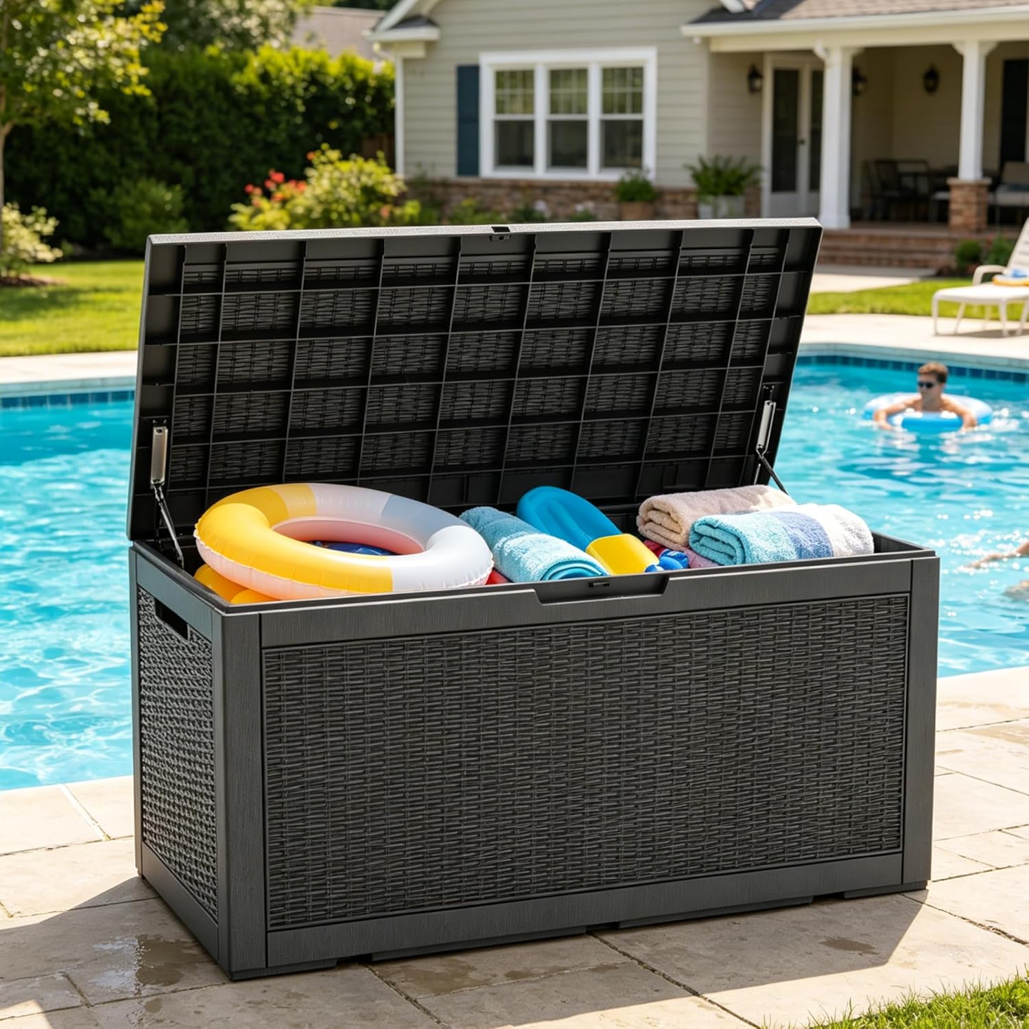 LAUSAINT HOME Resin Deck Box for Outdoor Storage - Weatherproof Patio Storage Bench