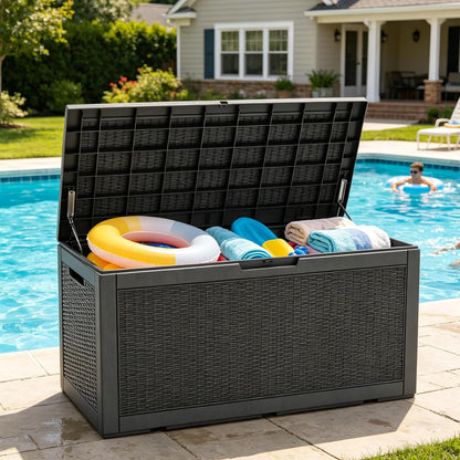 LAUSAINT HOME Resin Deck Box for Outdoor Storage - Weatherproof Patio Storage Bench