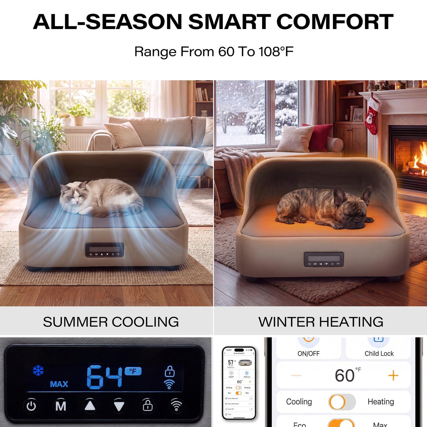 LAUSAINT HOME Heated &amp; Cooling Cat Bed with App Control, Temperature Control Dog Bed with Wear Resistant PU Leather