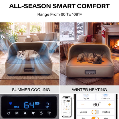 LAUSAINT HOME Heated &amp; Cooling Cat Bed with App Control, Temperature Control Dog Bed with Wear Resistant PU Leather