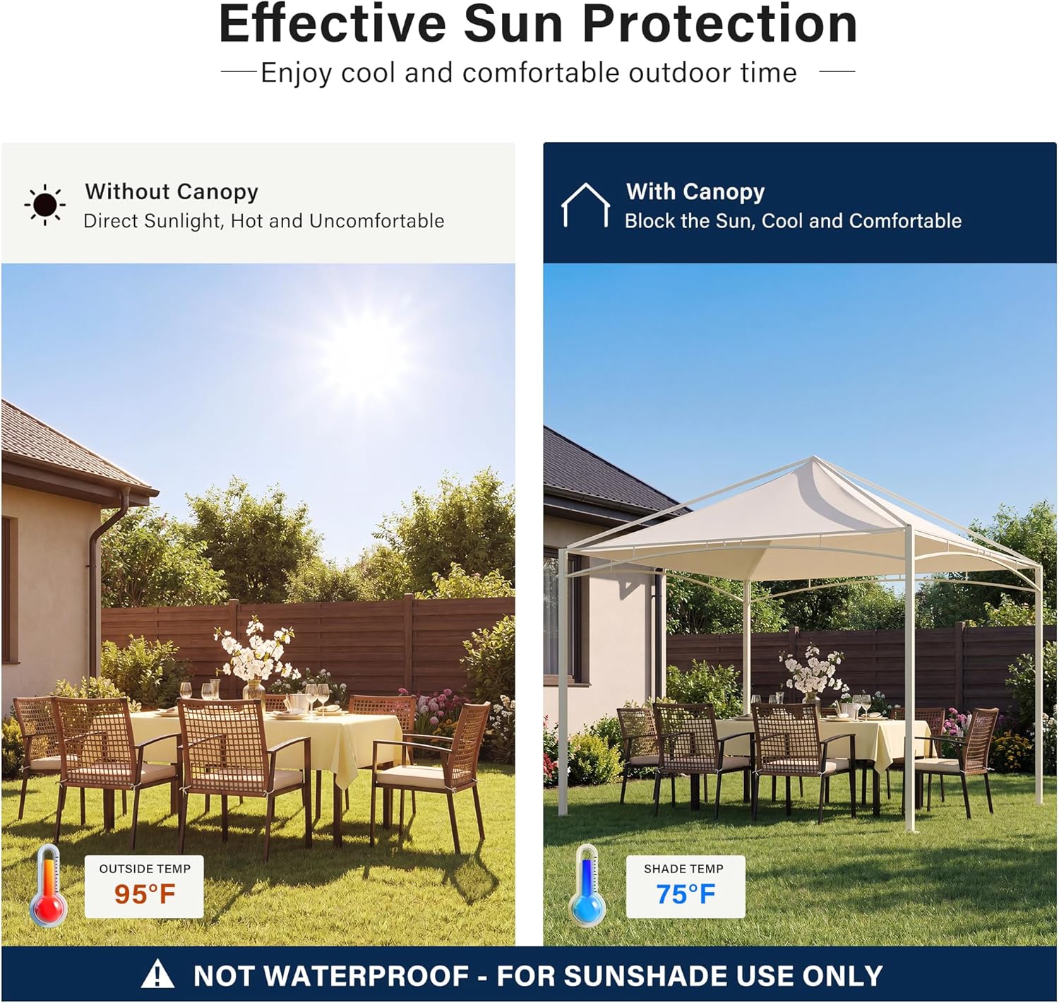LAUSAINT HOME 10x10 Outdoor Shade Canopy Gazebo for Patio Lawn &amp; Garden, UV50+ Sun Protection Gazebo with 180G Polyester Fabric, Sturdy Powder Coated Metal Frame, Includes 8 Ground Stakes, Beige