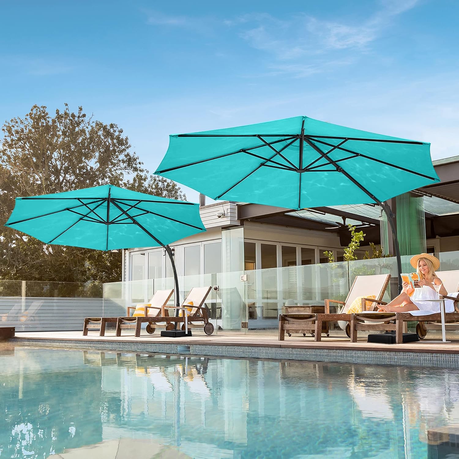 LAUSAINT HOME Outdoor Patio Umbrella with Base Included, Large Sun Shade Cantilever Umbrella Deluxe Curvy