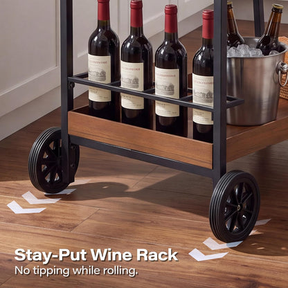 LAUSAINT HOME Bar Cart with Wheels, 2-Tier Rolling Beverage Cart with Wine Rack