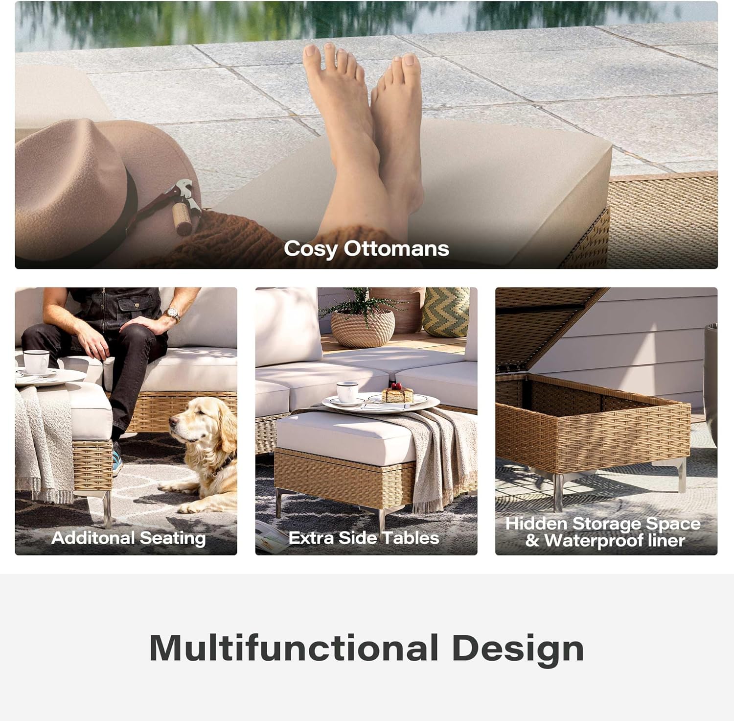 LAUSAINT HOME 2 Pieces Outdoor Patio Ottoman Set with Large 5-Inch Beige Cushions